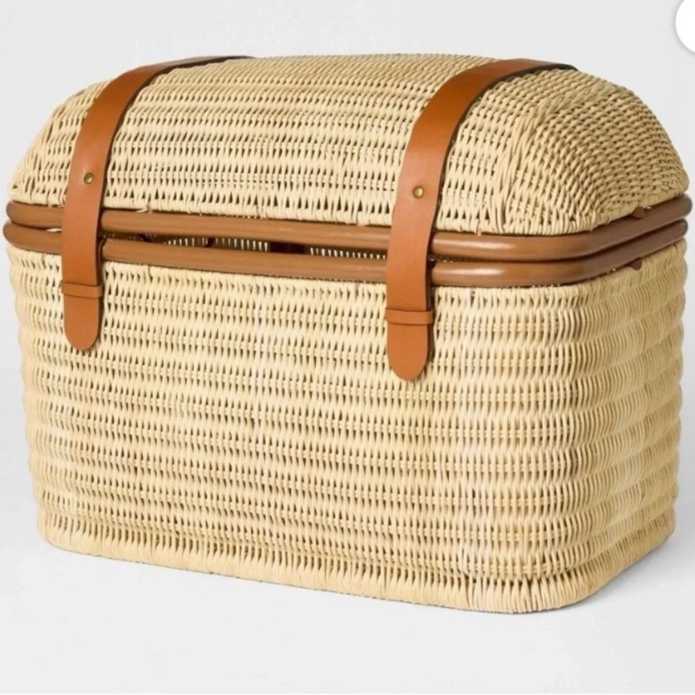 Studio McGee Woven Rattan Storage Trunk with Tan Leather Straps